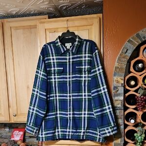 L.L. Bean Fleece-Lined Flannel Shirt Button Up Long Sleeve Blue Green Plaid